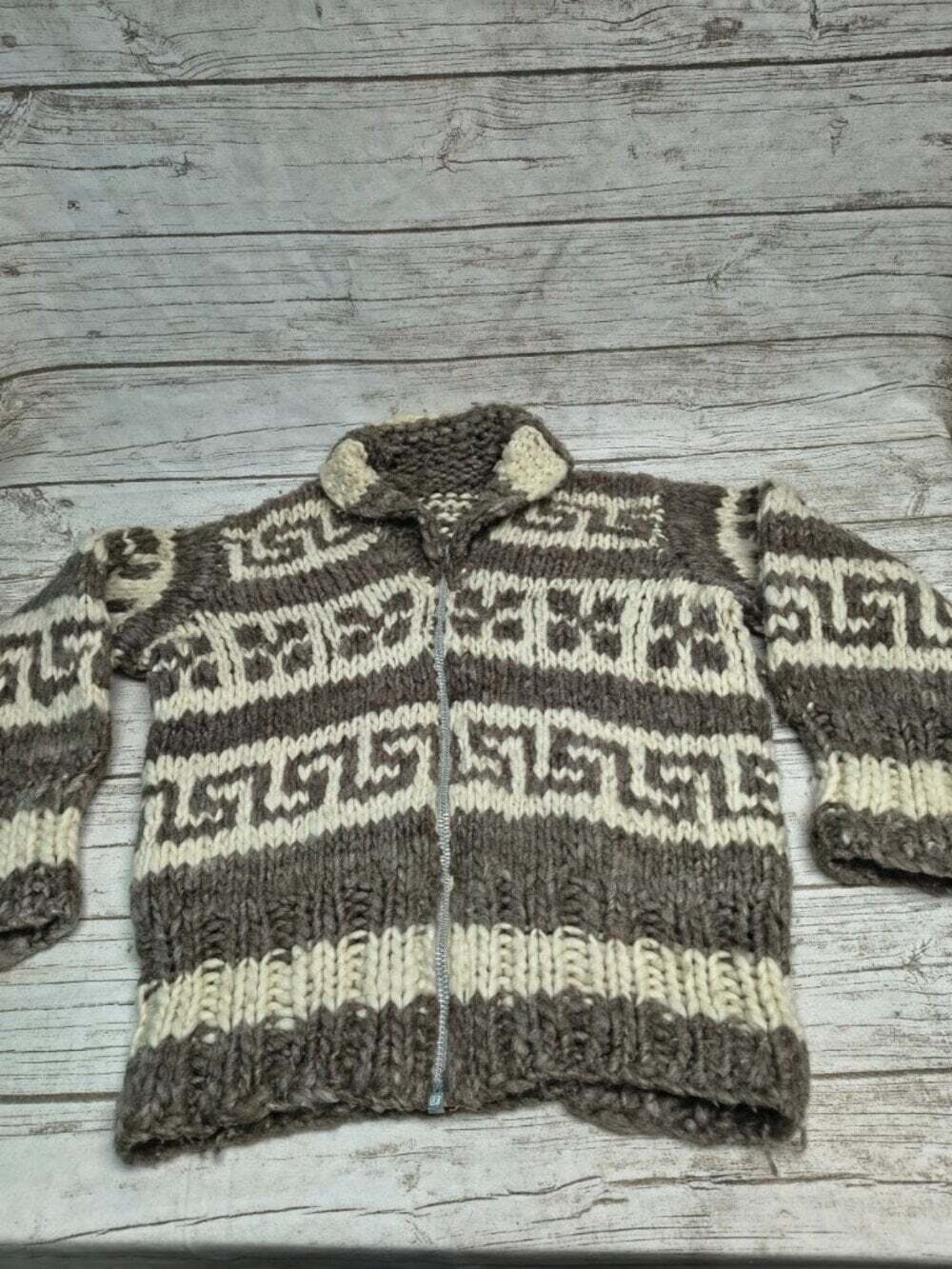Vintage Cowichan Brown & Cream Hand Knit Zip Cardigan Jacket Lightning Zipper